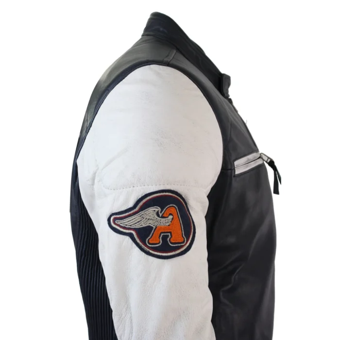 Mens Retro Vintage Navy Blue White Real Leather Biker Jacket Badge Design Casual - Image 3