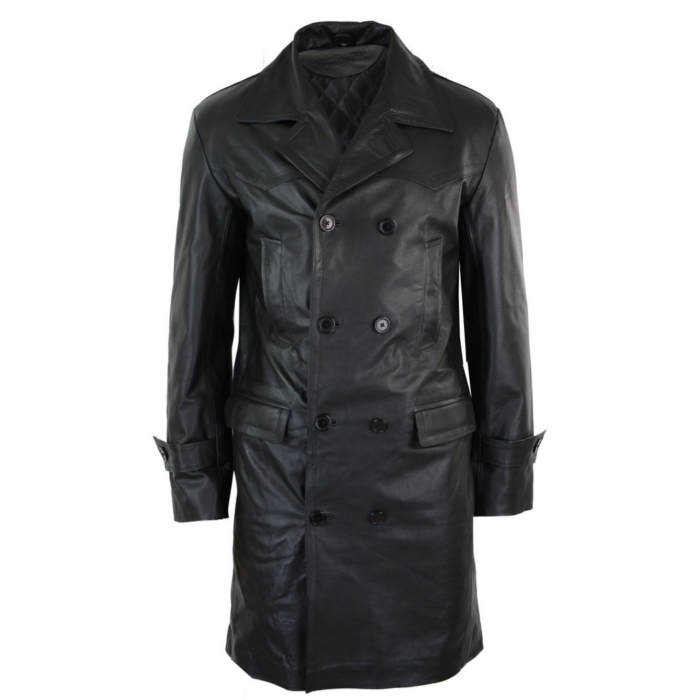 Mens Long 3/4 Dark Goth Punk Rock Double Breasted Real Leather Dr Who Jacket Uboat - Image 1