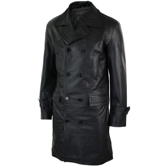 Mens Long 3/4 Dark Goth Punk Rock Double Breasted Real Leather Dr Who Jacket Uboat - Image 2