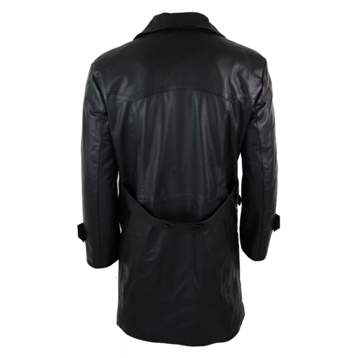 Mens Long 3/4 Dark Goth Punk Rock Double Breasted Real Leather Dr Who Jacket Uboat - Image 4