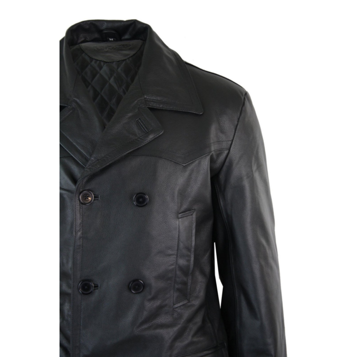 Mens Long 3/4 Dark Goth Punk Rock Double Breasted Real Leather Dr Who Jacket Uboat - Image 5