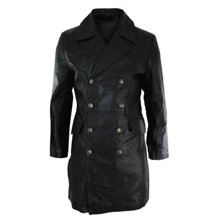 Mens Long 3/4 Black Real Leather German Generals Jacket Punk Rock Emo - Image 1