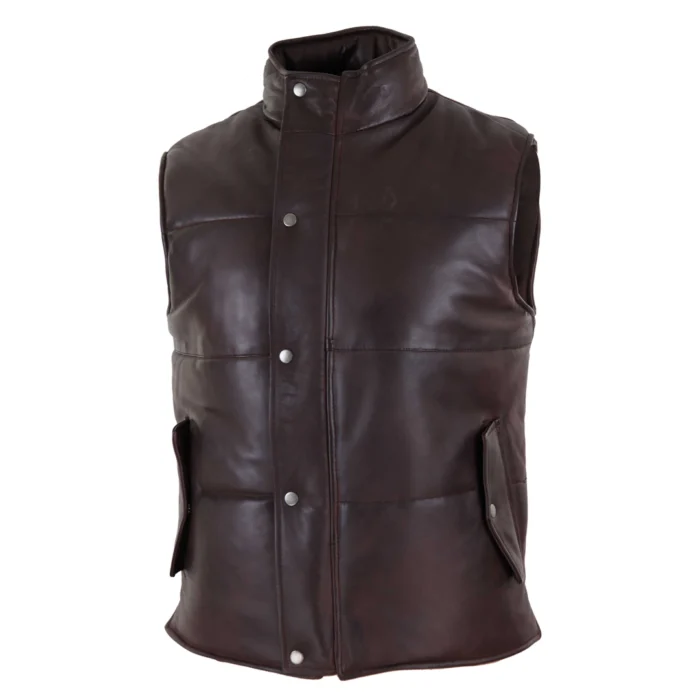 Mens Real Leather Waistcoat Gilet Quilted Puffer Design Warm Zip Casual - Image 10