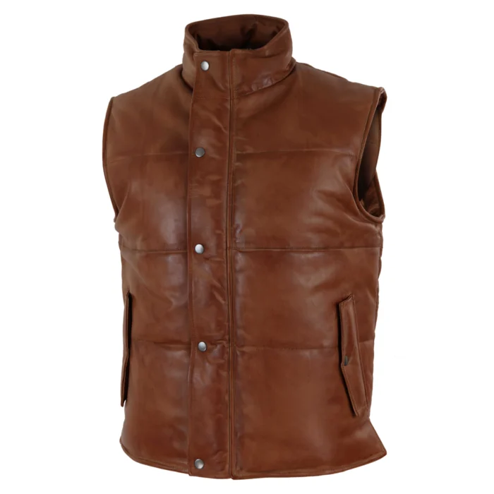 Mens Real Leather Waistcoat Gilet Quilted Puffer Design Warm Zip Casual - Image 11