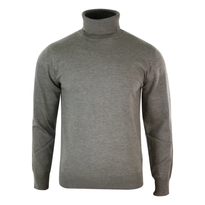 Mens Slim Fit Polar Roll Neck Jumper Light Weight Fitted Cashmere Wool Blend Grey Black Navy - Image 1