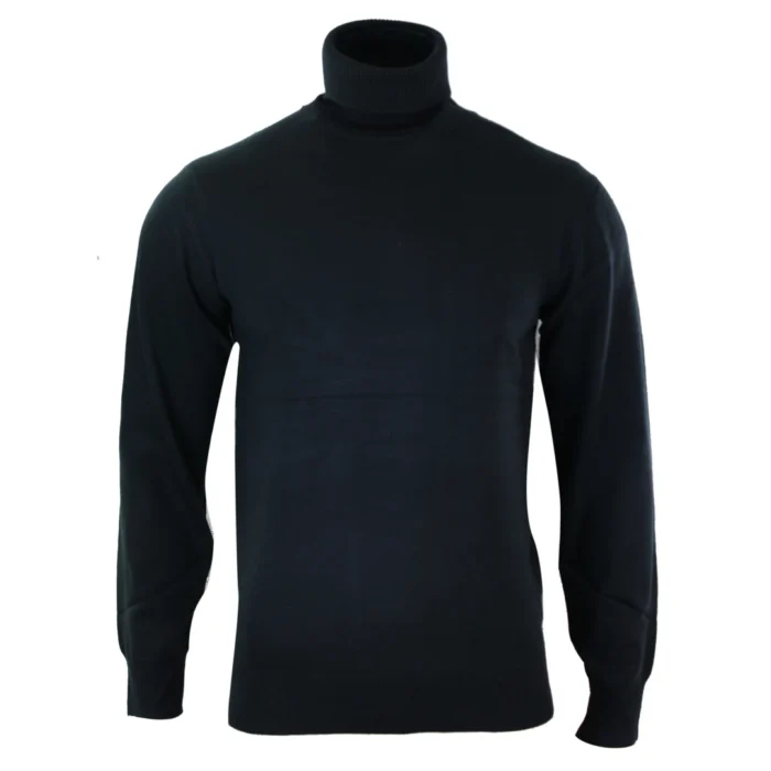 Mens Slim Fit Polar Roll Neck Jumper Light Weight Fitted Cashmere Wool Blend Grey Black Navy - Image 3