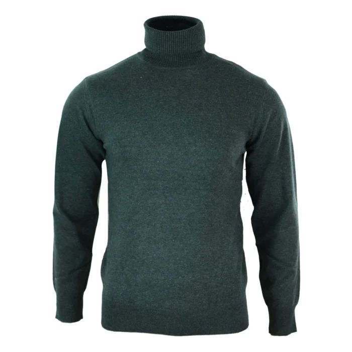 Mens Slim Fit Polar Roll Neck Jumper Light Weight Fitted Cashmere Wool Blend Grey Black Navy - Image 13