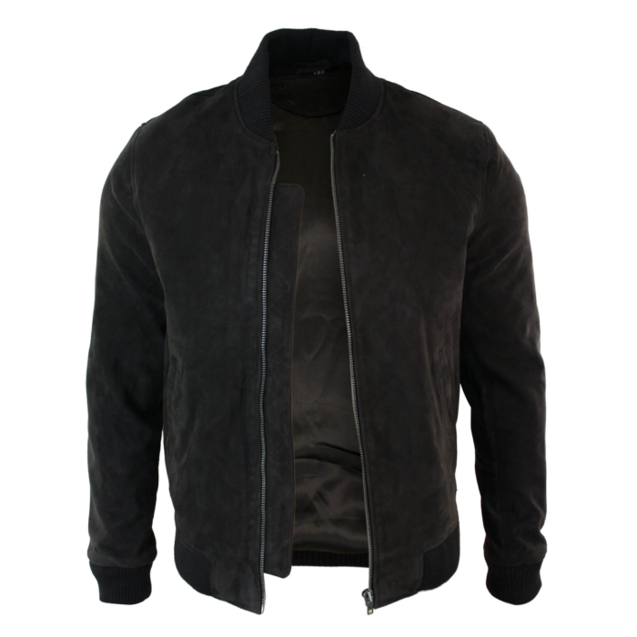 Mens Real Suede Leather Varsity Bomber College Jacket Classic Retro Vintage Camel Black - Image 12
