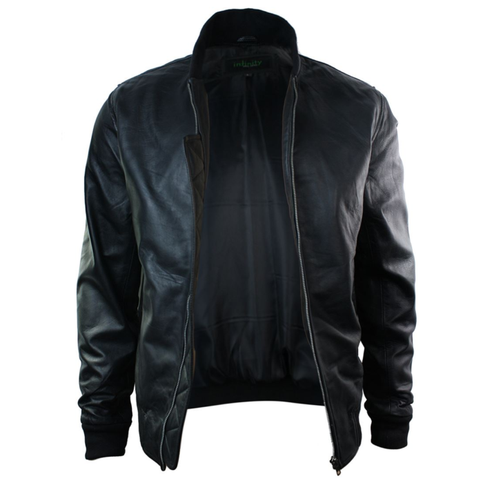 Mens Slim Fit Real Leather Black Varsity Bomber Jacket Classic Retro Black Brown - Image 3