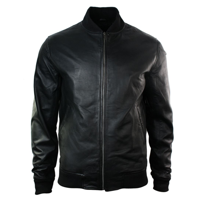 Mens Slim Fit Real Leather Black Varsity Bomber Jacket Classic Retro Black Brown - Image 1
