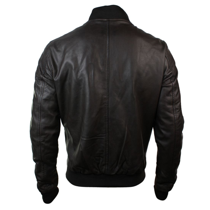 Mens Slim Fit Real Leather Black Varsity Bomber Jacket Classic Retro Black Brown - Image 8