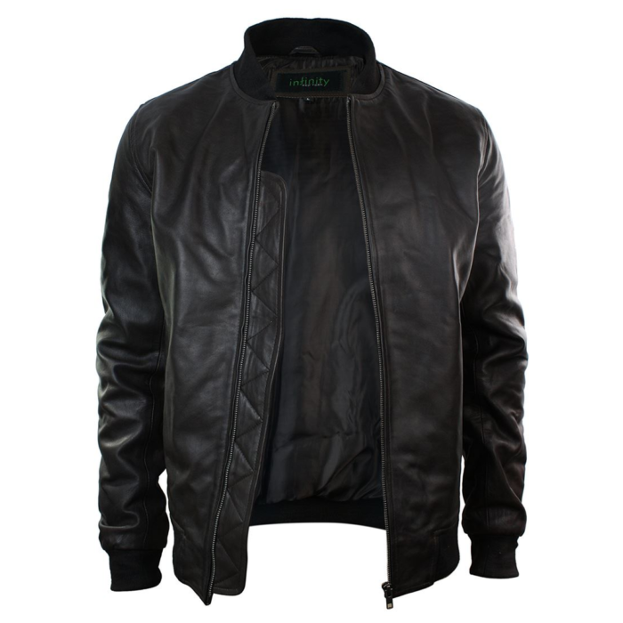 Mens Slim Fit Real Leather Black Varsity Bomber Jacket Classic Retro Black Brown - Image 7