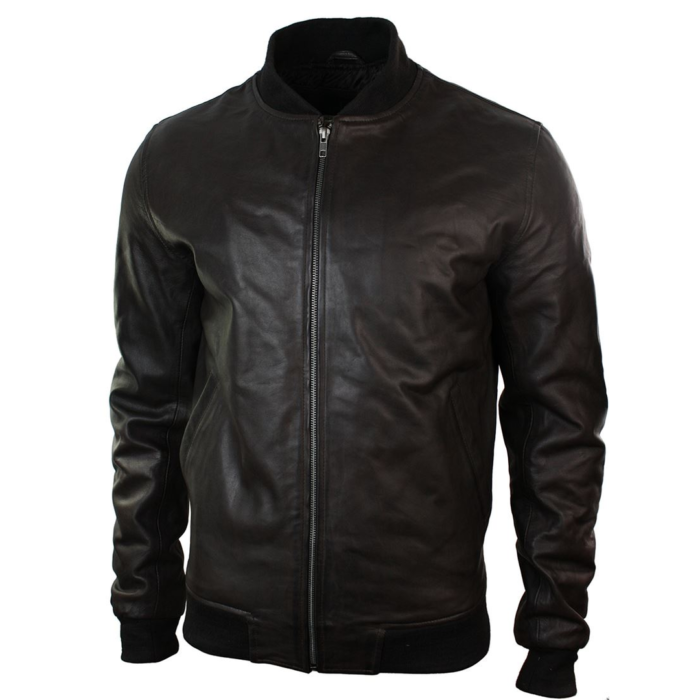 Mens Slim Fit Real Leather Black Varsity Bomber Jacket Classic Retro Black Brown - Image 6