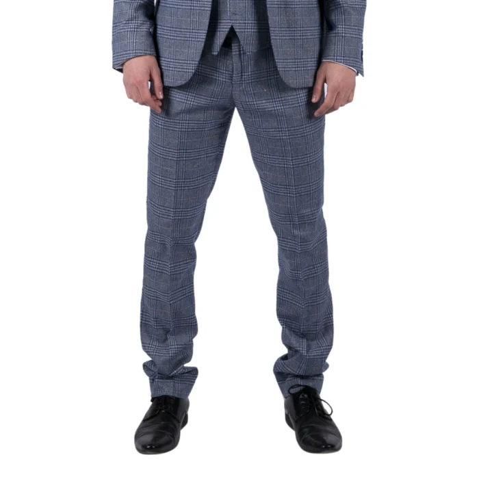 Mens Classic Trousers Tweed Check Retro 1920s Gatsby Blinders Royal Blue Wedding - Image 1
