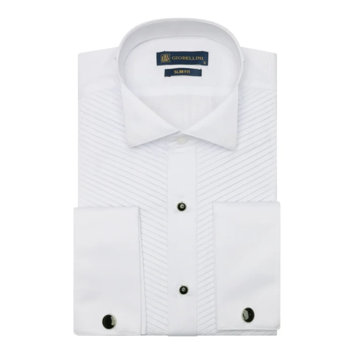 Mens Wing Collar White Shirt Pleated Tuxedo Double Cuff Slim Fit Satin Cotton - Image 3