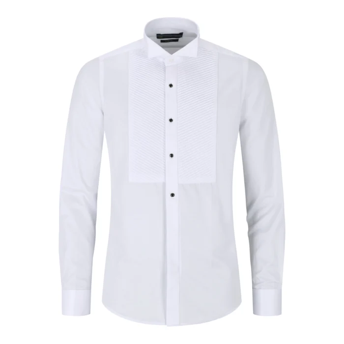 Mens Wing Collar White Shirt Pleated Tuxedo Double Cuff Slim Fit Satin Cotton - Image 1
