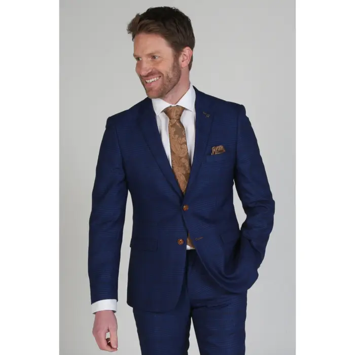 Elegant Mens Blue Brown Check Blazer Tailored Fit for Weddings - Image 1