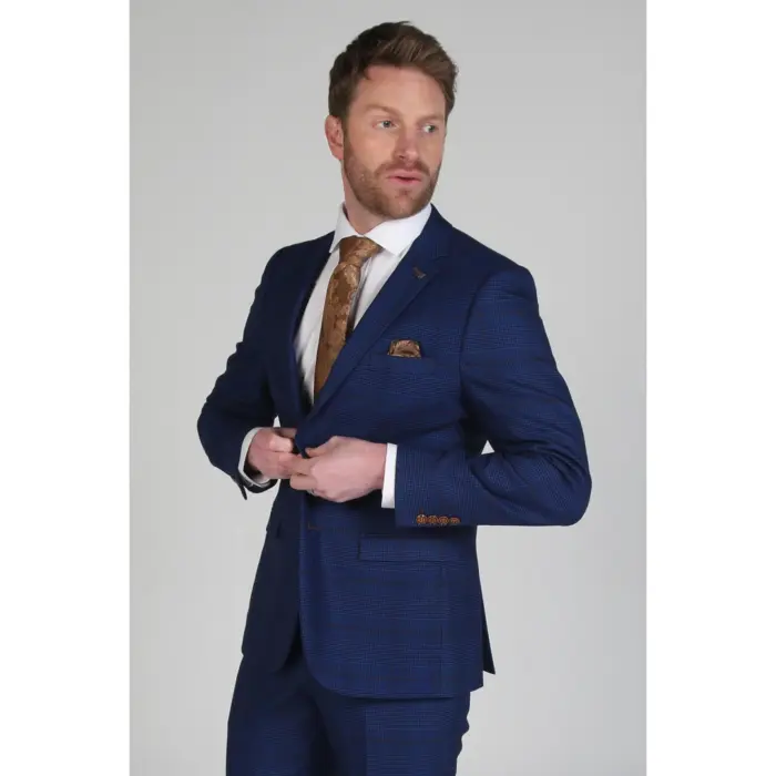 Elegant Mens Blue Brown Check Blazer Tailored Fit for Weddings - Image 2