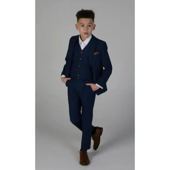 Boys Blue 3 Piece Suit Classic Birdseye Wedding - Image 1