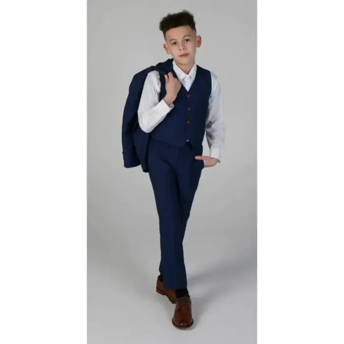 Boys Blue 3 Piece Suit Classic Birdseye Wedding - Image 2