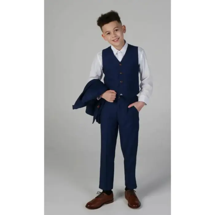 Boys Blue 3 Piece Suit Classic Birdseye Wedding - Image 3