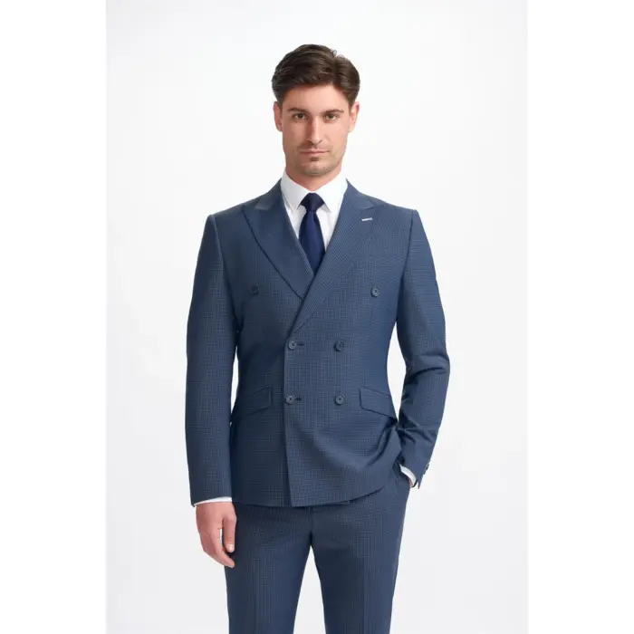 Men's Blazer Navy Check Double Breasted Tailored Fit Formal Suit Jacket - Image 1