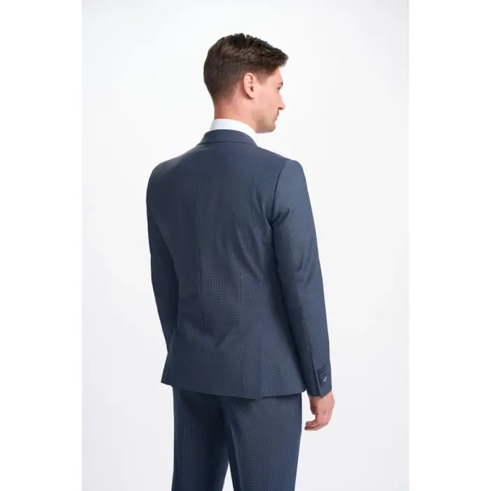 Men's Blazer Navy Check Double Breasted Tailored Fit Formal Suit Jacket - Image 2