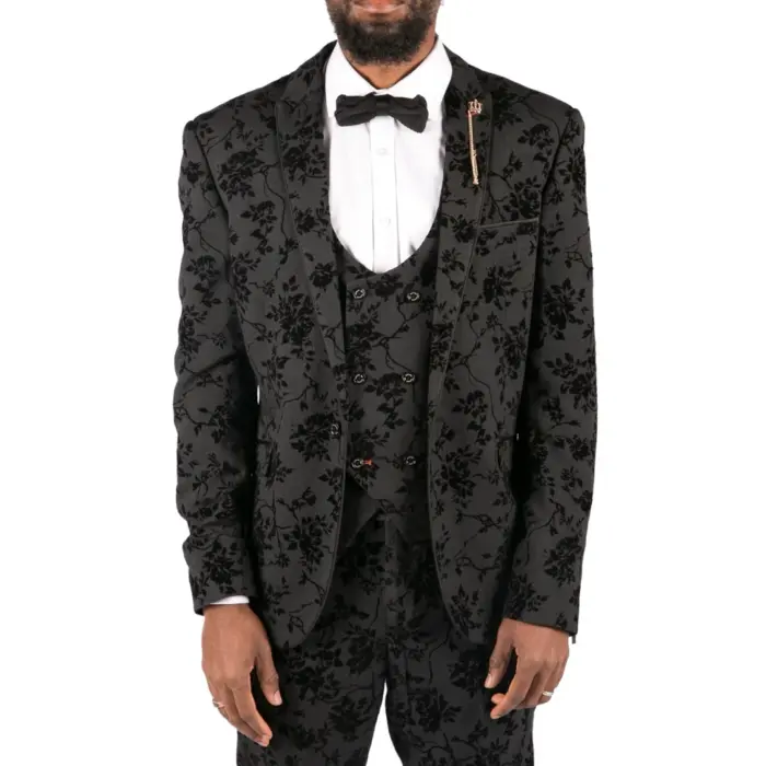 Mens Black 3 Piece Suit Paisley Velvet Wedding Grrom Best Man Tailored Fit - Image 1