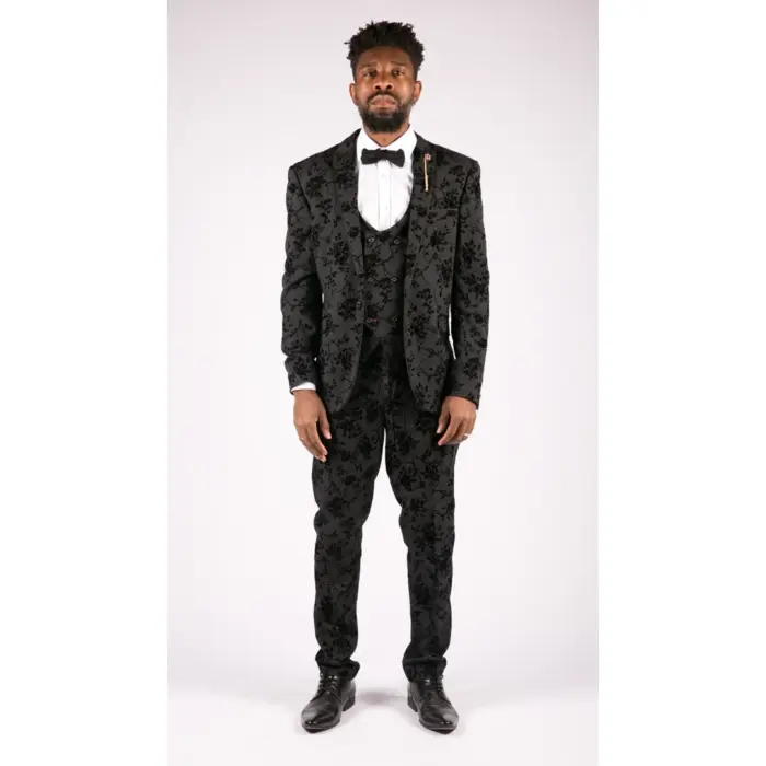 Mens Black 3 Piece Suit Paisley Velvet Wedding Grrom Best Man Tailored Fit - Image 2