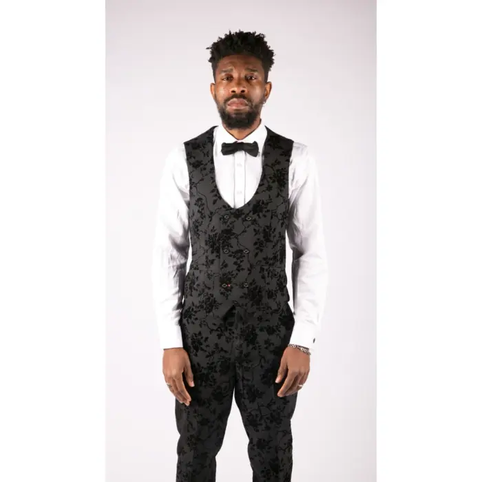 Mens Black 3 Piece Suit Paisley Velvet Wedding Grrom Best Man Tailored Fit - Image 4
