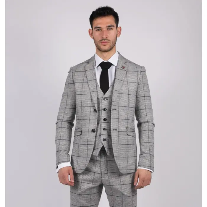 Mens Grey Check Black Tweed 3 Piece Suit Vintage Classic 1920s Wedding - Image 1