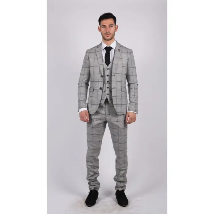 Mens Grey Check Black Tweed 3 Piece Suit Vintage Classic 1920s Wedding - Image 2
