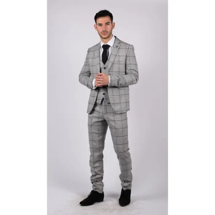 Mens Grey Check Black Tweed 3 Piece Suit Vintage Classic 1920s Wedding - Image 4