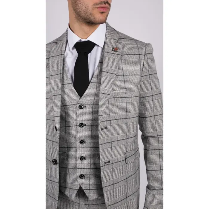 Mens Grey Check Black Tweed 3 Piece Suit Vintage Classic 1920s Wedding - Image 5