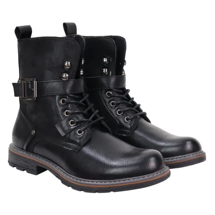 Mens Boots Black Tan Motorcycle Punk Rock Casual Laced Buckle Leather Vintage - Image 3