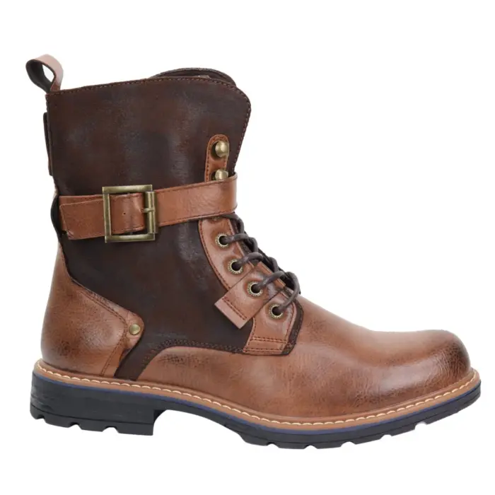 Mens Boots Black Tan Motorcycle Punk Rock Casual Laced Buckle Leather Vintage - Image 6