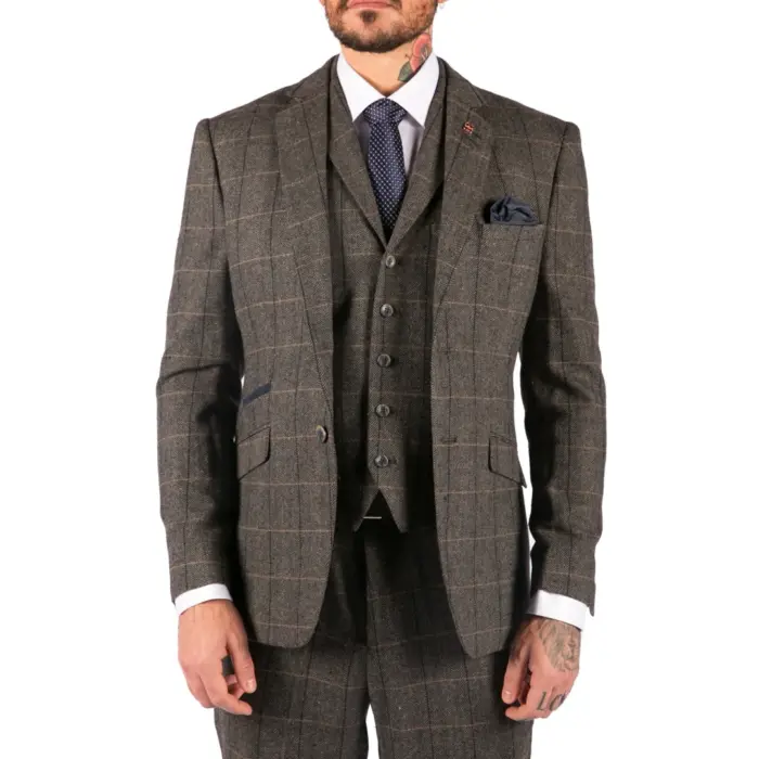 Mens 3 Piece Classic Tweed Herringbone Check Grey Navy Slim Fit Vintage Suit - Image 1