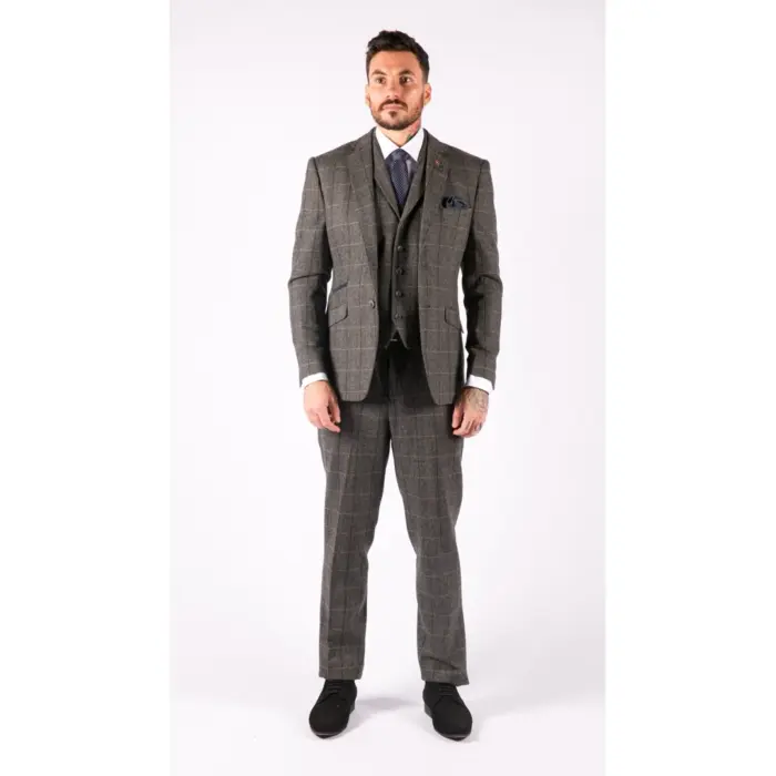 Mens 3 Piece Classic Tweed Herringbone Check Grey Navy Slim Fit Vintage Suit - Image 2
