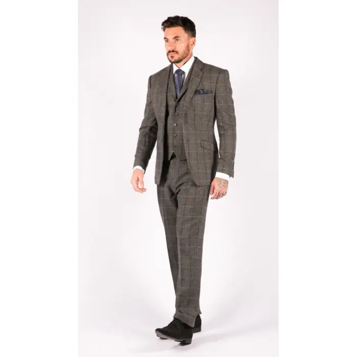 Mens 3 Piece Classic Tweed Herringbone Check Grey Navy Slim Fit Vintage Suit - Image 3