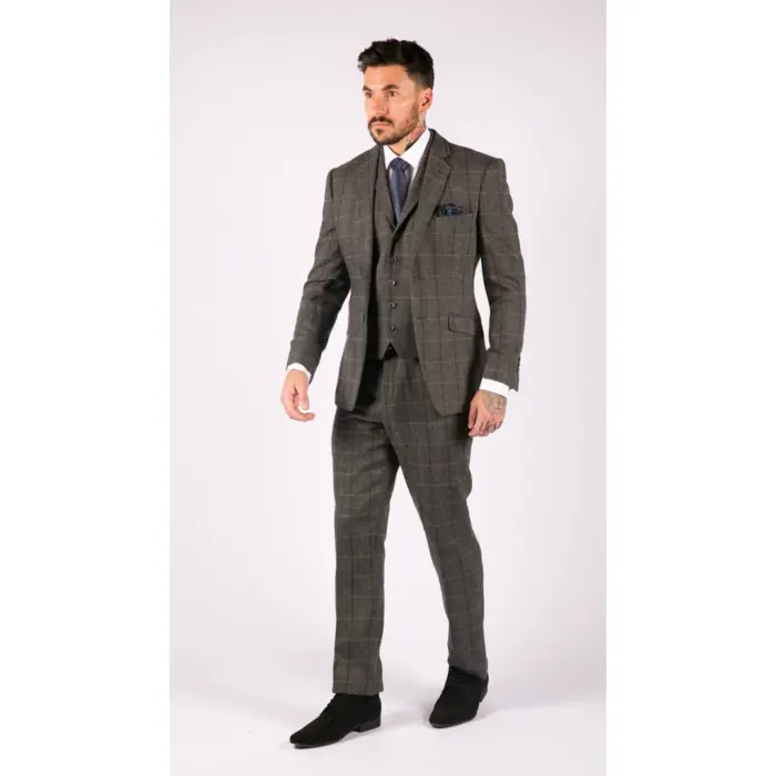 Mens 3 Piece Classic Tweed Herringbone Check Grey Navy Slim Fit Vintage Suit - Image 4