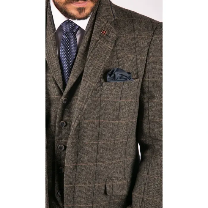 Mens 3 Piece Classic Tweed Herringbone Check Grey Navy Slim Fit Vintage Suit - Image 5
