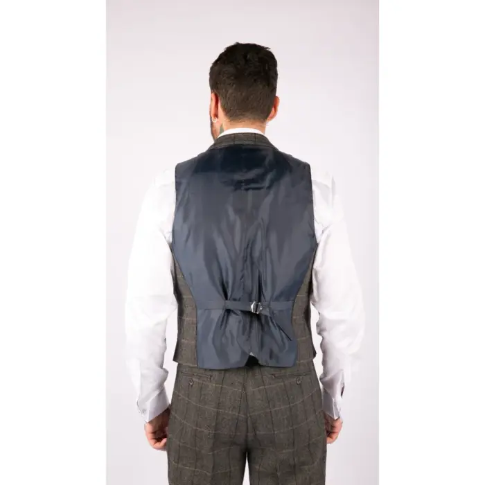 Mens 3 Piece Classic Tweed Herringbone Check Grey Navy Slim Fit Vintage Suit - Image 7