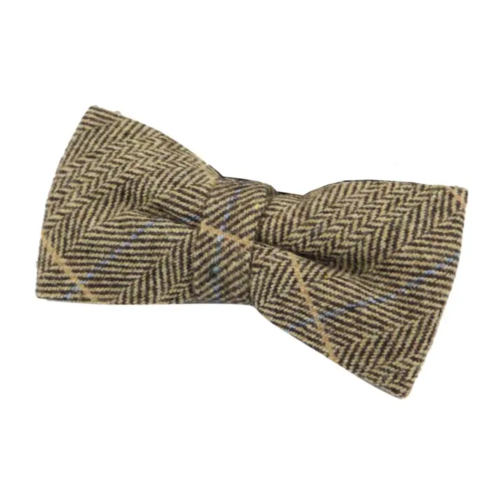 Mens Womens Boys Herringbone Tweed Bow Tie Check Tan Brown Grey Wool - Image 1