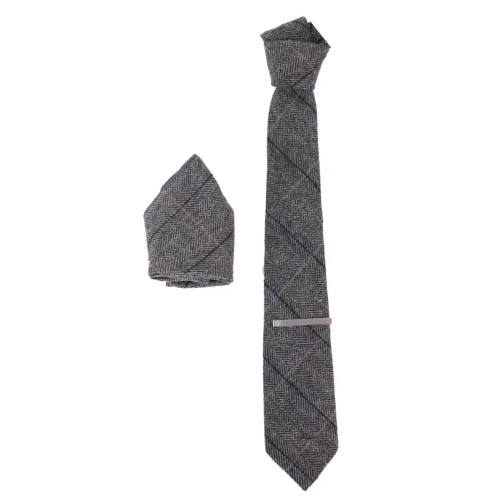 Mens Tie Cuff Links Hanky Classic Tweed Herringbone Check Grey Navy Vintage - Image 3