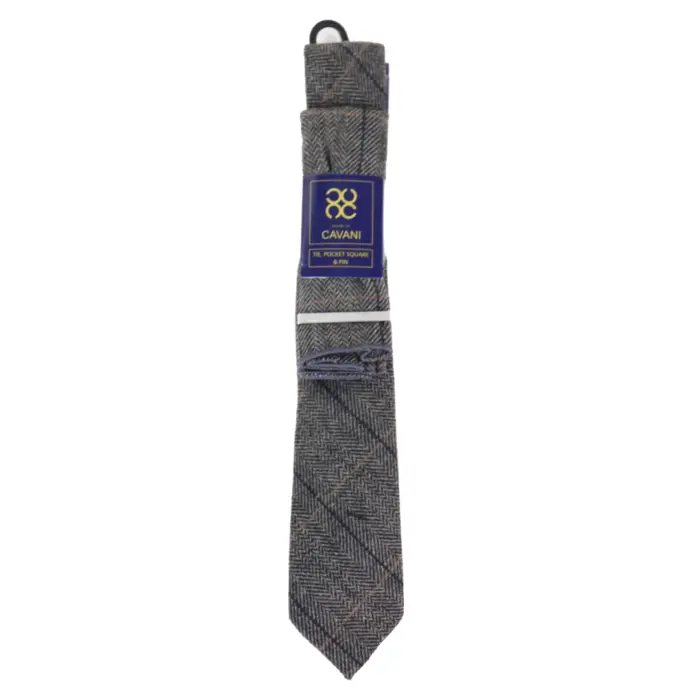Mens Tie Cuff Links Hanky Classic Tweed Herringbone Check Grey Navy Vintage - Image 4