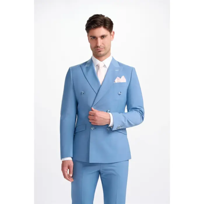 Men's Blazer Sky Blue Double Breasted Tailored Fit Formal Suit Jacket - Image 1