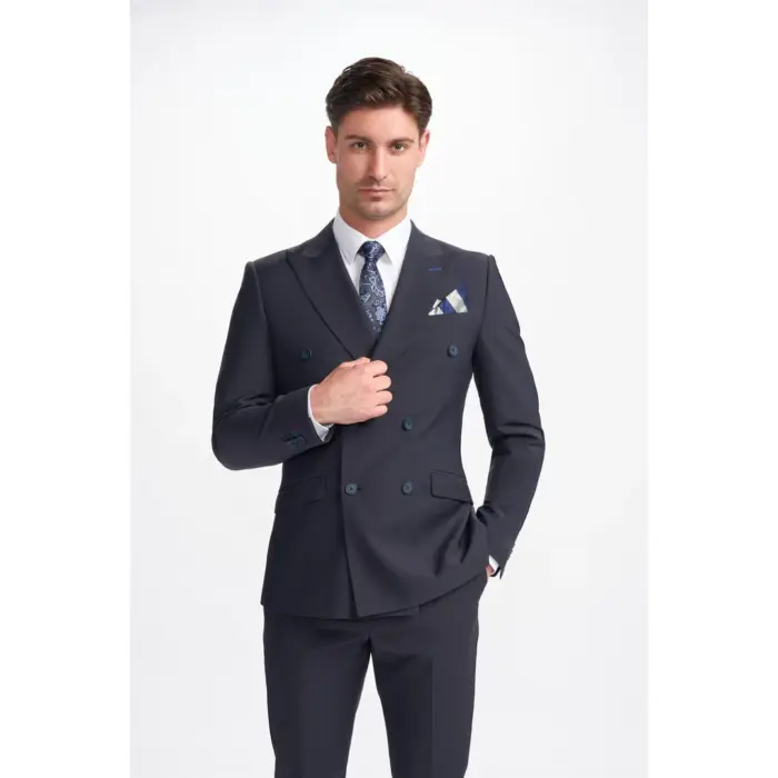 Men's Blazer Dark Navy Double Breasted Tailored Fit Formal Suit Jacket - Image 1