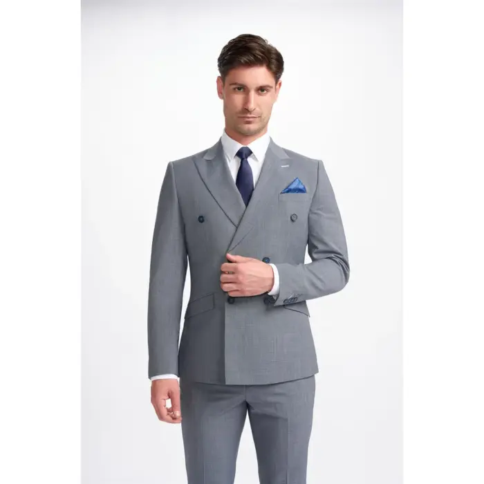Men's Blazer Grey Double Breasted Tailored Fit Formal Suit Jacket - Image 1