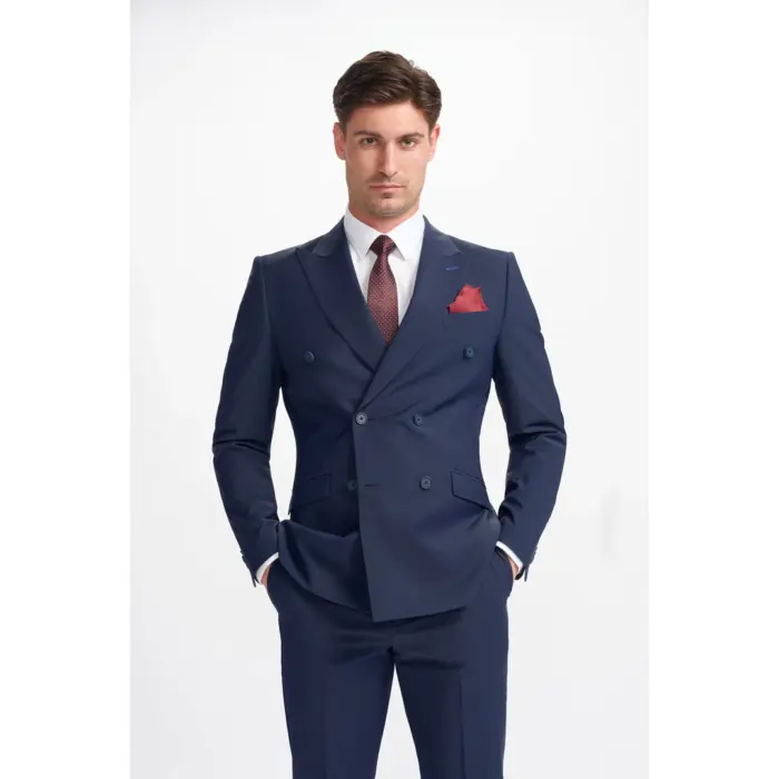 Men's Blazer Navy Blue Double Breasted Tailored Fit Formal Suit Jacket - Image 1
