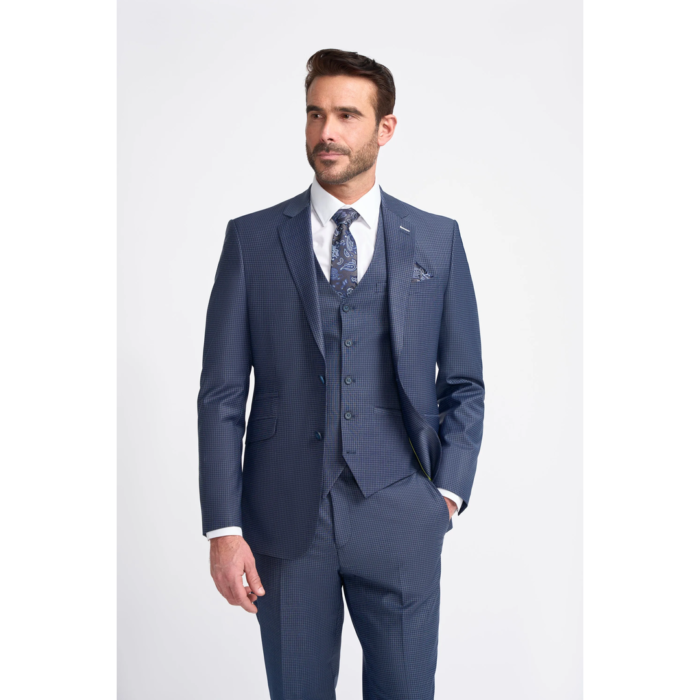 Men's Blazer Navy Check Tailored Fit Formal Suit Jacket - Image 1
